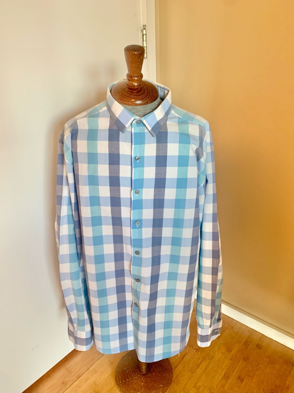 Alfani Slim Fit Stretch Gingham Check Long Sleeve Dress Shirt in Blue and White